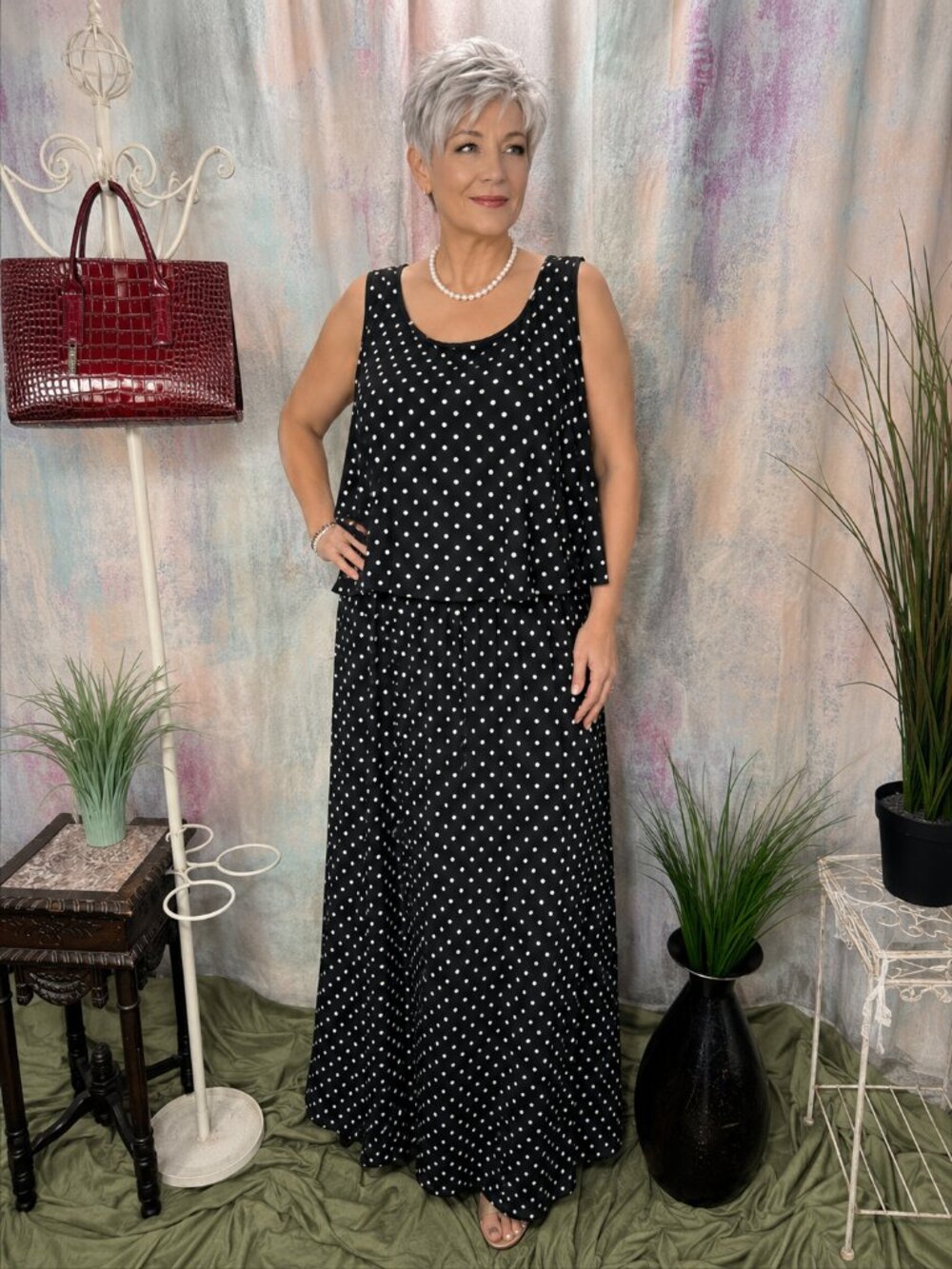 📌Robert Louis Polka Dots Maxi Dress, Looks like Skirt & Top Hide unwanted Pound